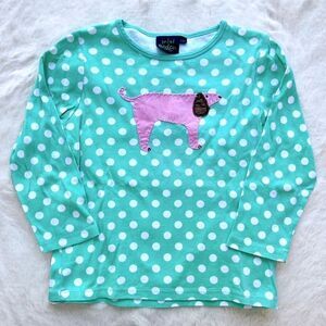 Mini Boden Long Sleeve Crew Neck T Shirt Polka Dot Dog Patch Pink Teal 9-10Y